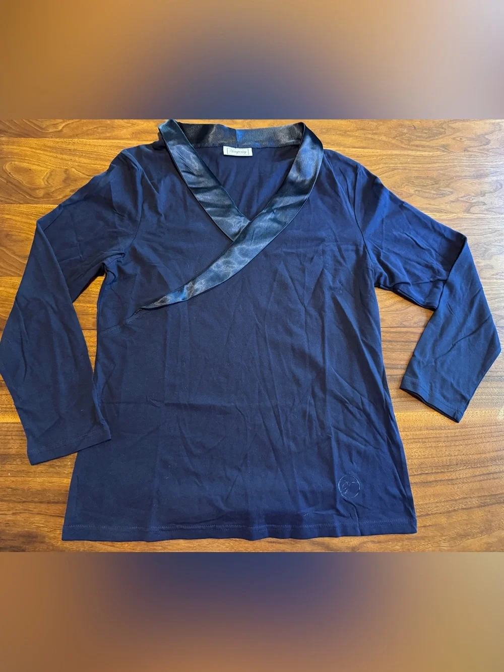 Temperley London Like New Navy Cotton Knit Shirt w/ Satin Crossover Collar Sz L